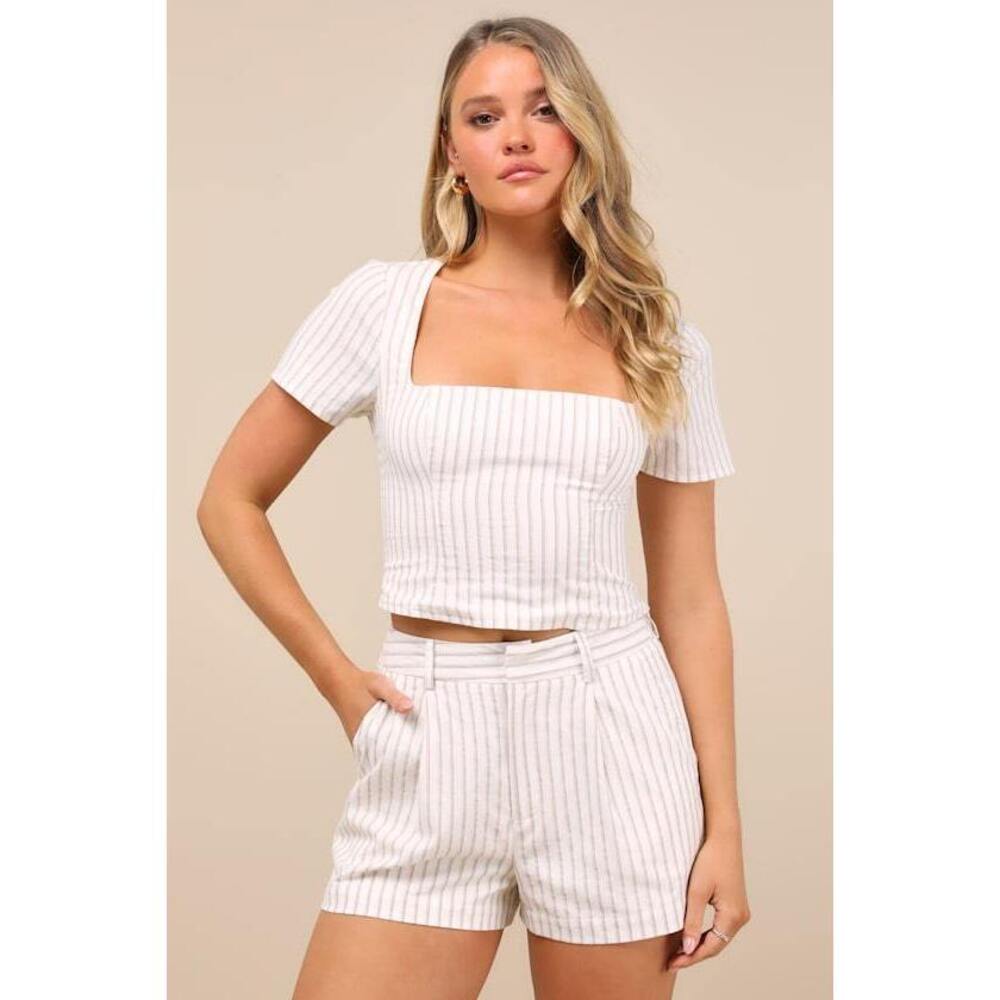 Lulus Danai Ivory Striped High-Rise Shorts White